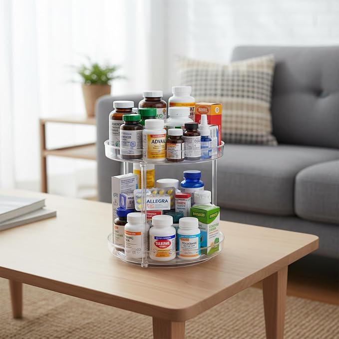 Lazy Susan 2-Tier Medicine Cabinet Organizer, Clear Plastic Spinning Spice Organization for Cabinet, Rotatable Makeup Organizer Countertop for Bathroom Vanity, Kitchen Pantry & Small Spaces Storage - Image 6