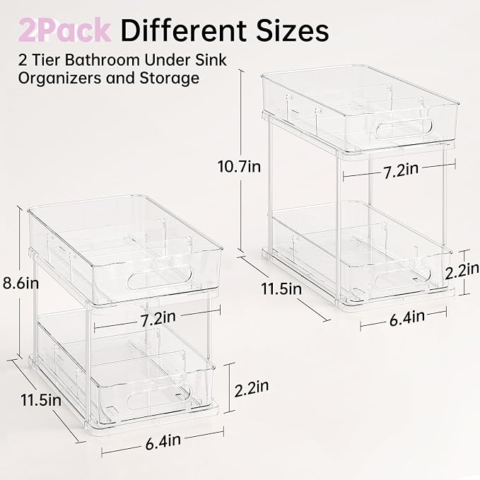 Delamu 2 Tier Under Sink Organizer Bathroom, Bathroom Cabinet Organizer with Snap-Lock Design and Hooks, Pull Out Storage with Movable Dividers, for Countertop, Kitchen and Pantry (Clear, 2 Pack) - Image 3