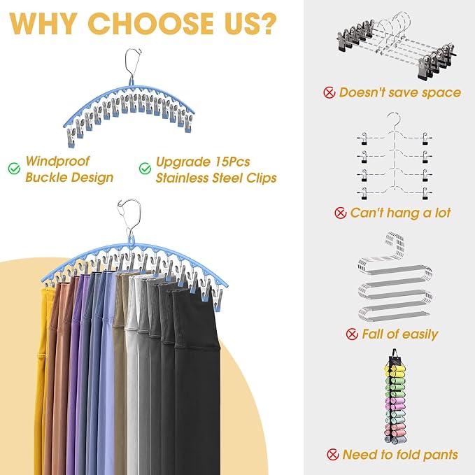 Upgrade Skirt Pants Hangers with Clips, Metal Legging Organizer for Closet with 15 Cilps Holds 60 Leggings/Shorts/Jeans/Skirts Pants Hangers Space Saving Closet Organizers and Storage, Blue 4Pack - Image 6
