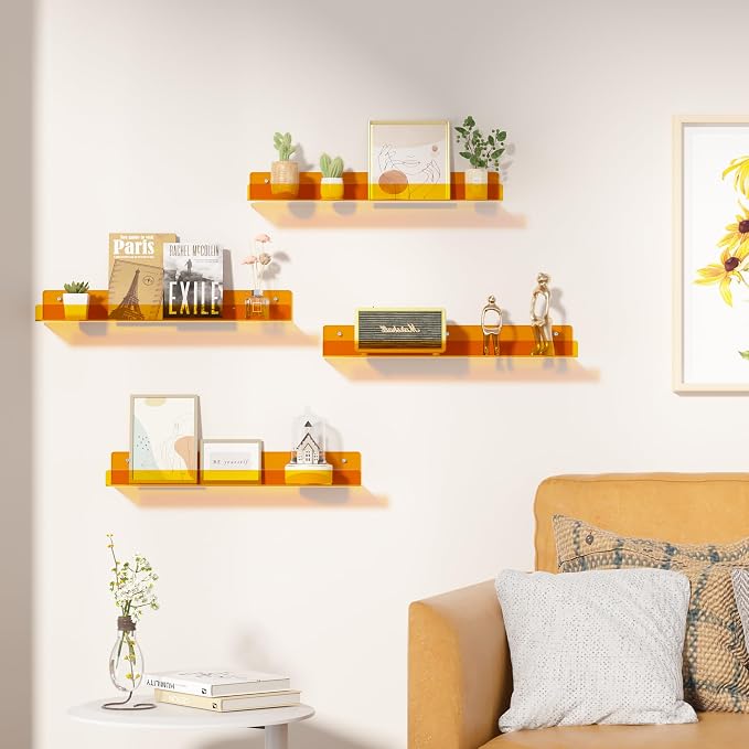 upsimples 4 Pcs 15" Acrylic Shelves for Wall Decor and Display, Orange - Image 2