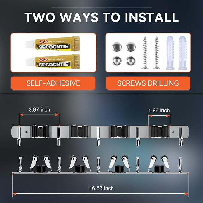 ZONGOOL 2 Pack Mop Broom Holder Wall Mount 4 Racks 5 Hooks Storage Silver - Image 6