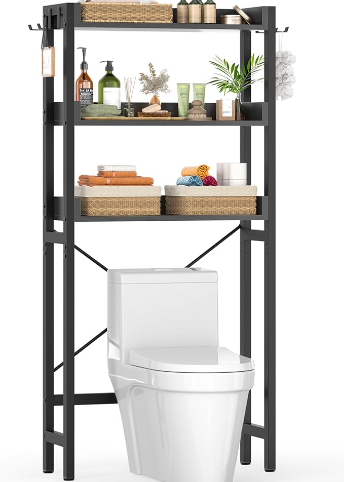 Ecoprsio Over-The-Toilet Storage Rack, 3-Tier Bathroom Organizer Shelf Over Toilet, Freestanding Space Saver Toilet Stands with 4 Hooks, Black by Ecoprsio