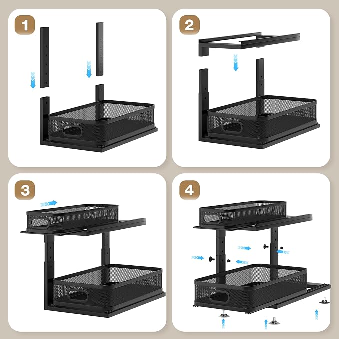 2 Pack 18.5IN-Depth Under Sink Organizer With Next-Gen Ball-Bearing Slides,2-Tier Precision Mesh Pull Out Cabinet Storage for Bathroom&Kitchen,Height Adjustable Drawers Shelf,Anti-rust-Black - Image 5