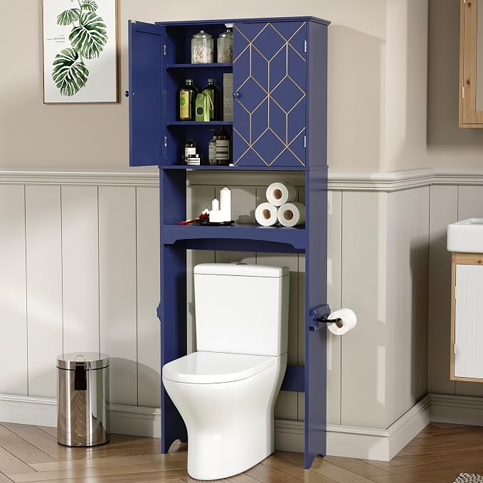 HLR Over The Toilet Storage Cabinet with Gold Trim, Over Toilet Bathroom Organizer with Adjustable Shelves and Toilet Paper Holder, Above Toilet Storage Cabinet Spacesaver for Bathroom (Blue) by HomeDeservesaRelaxLiving