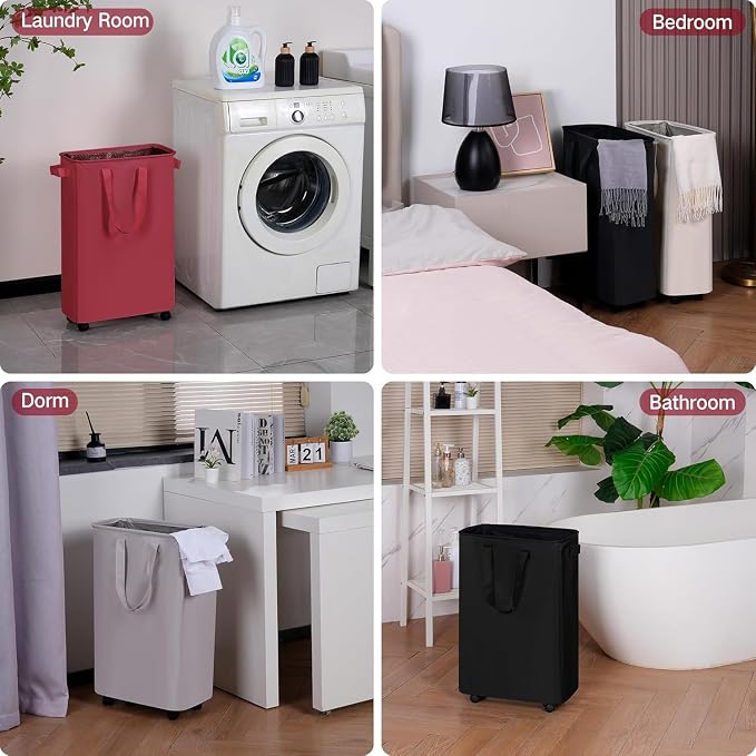 efluky Slim Laundry Hamper with Wheels, Rolling Laundry Basket for Clothes, Small Laundry Basket for Bedroom, Dorm and Laundry Room, 60L (12.7 Gallons) Red - Image 6