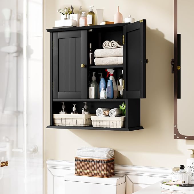 Bathroom Wall Cabinet, Bathroom Cabinet Wall Mount with 2 Doors and Open Shelf, Over The Toilet Wall Storage, Wooden Medicine Cabinets - Image 4