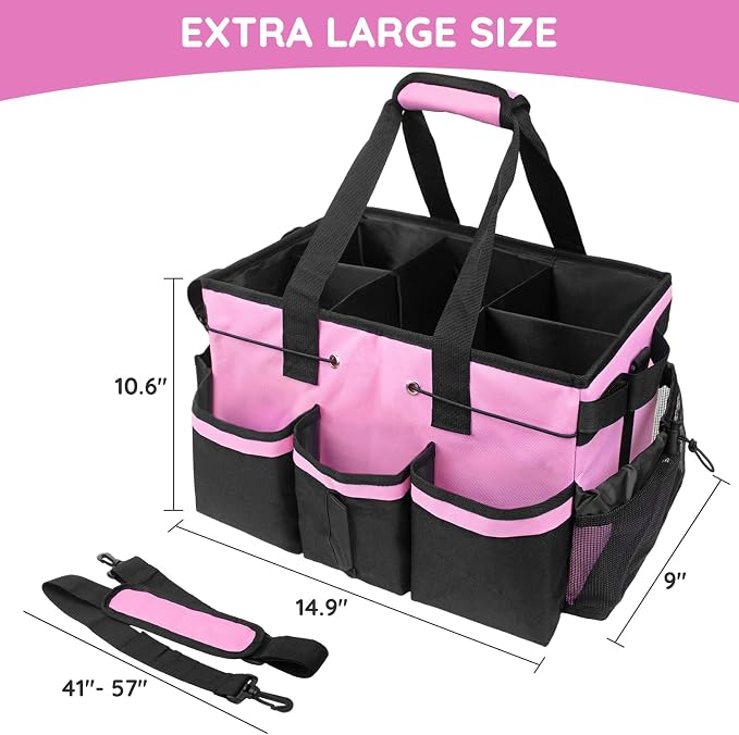 ZKOO Large Cleaning Caddy Bag with Handle, Built-in Sturdy Support Board, Adjustable Shoulder Strap, Multi-compartment Design Cleaning Supply Tote for Cleaners & Housekeepers (Pink) - Image 4