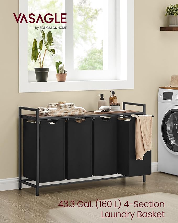 VASAGLE Laundry Hamper with Shelf, 4 Pull-Out Bags, 4 x 10.6 Gallons (40L) - Image 3