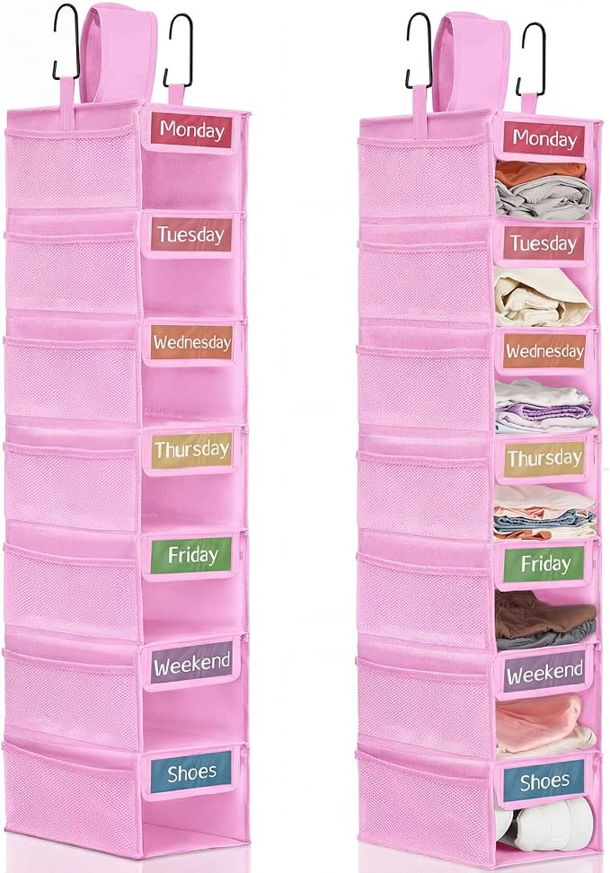 2 Pack 7 Shelf Weekly Clothes Organizer Hanging Closet for Kids with Side Pockets Weekday Shoes Rack Weekly Clothes Organizers Monday Through Weekend Foldable Storage Shelves(Pink) by Yeyeplum