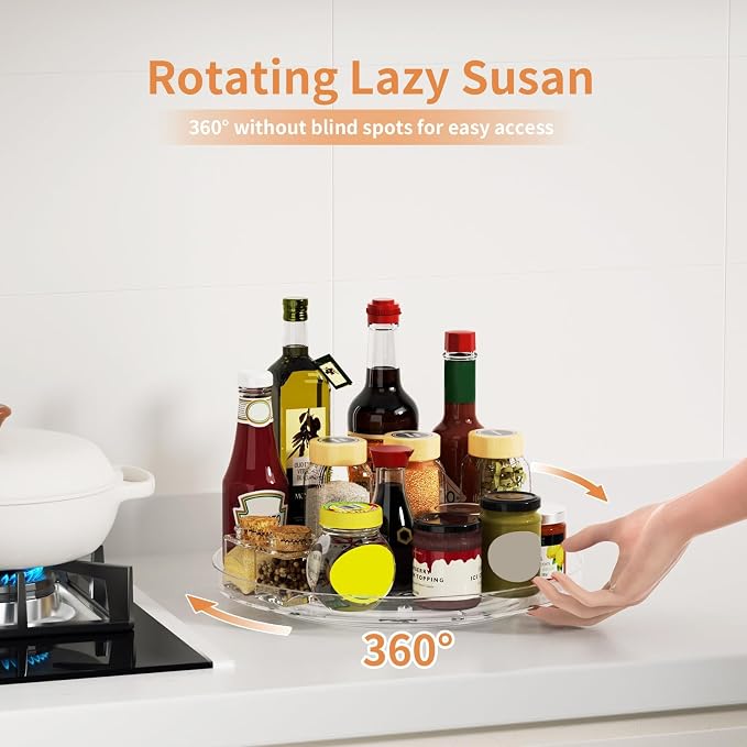 2 Pack Lazy Susan Organizer Turntable, Clear 9 Inch Rotating Organizer Tray for Cabinet Table Top, Round Non-Skid Refrigerator Lazy Susan, Kitchen Storage for Pantry Countertop Bathroom, Spice Rack - Image 2