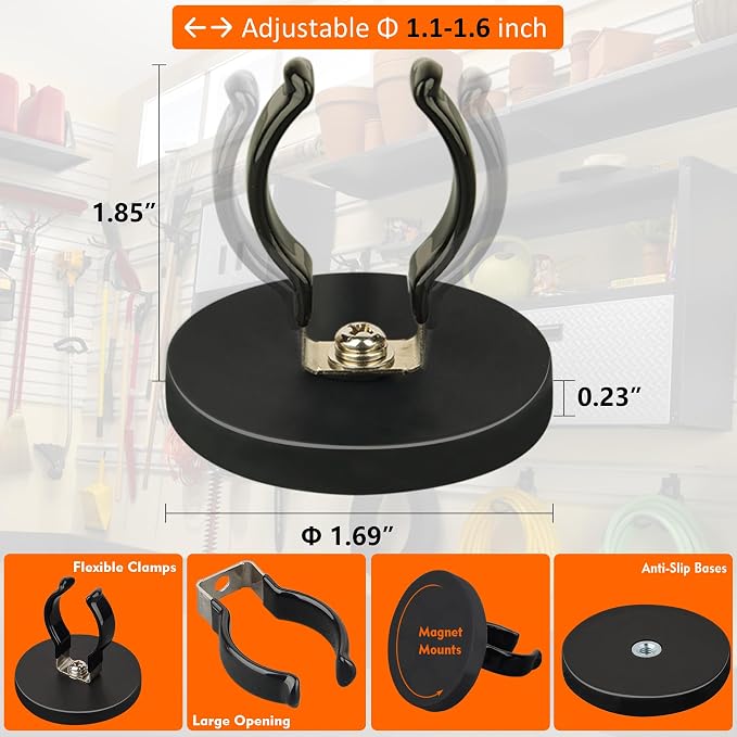 MUTUACTOR 4PCS Universal Magnetic Hooks,Anti-Slip Magnetic Mount Heavy Duty Hooks for Flashlight Holder,Large Opening Durable Magnets Flexible Clamps for Garage Organize Garden Workshop Tools Storage - Image 5