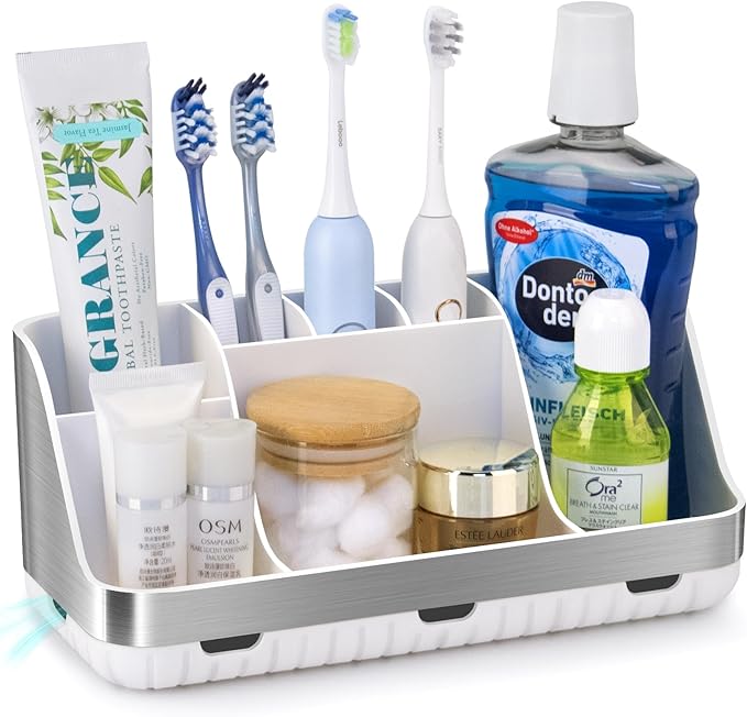 GFWARE Toothbrush Holders for Bathrooms Countertop Organizer - Kids Electric Toothbrush and Toothpaste Holder Detachable 7 Slots Tooth Brush Organization Bathroom Accessories Storage Vanity, Silver by GFWARE