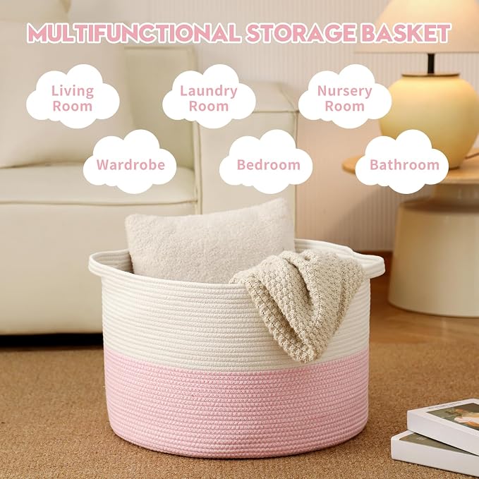 Foldable Laundry Hamper Basket with Collapsible Handle Cotton Rope Soft Woven Fabric Storage Organizer Clothes Toys Nursery Bedroom Dorm Space Saving Bin (White & Pink, 65L(19.7"D x 12.6"H)) - Image 3