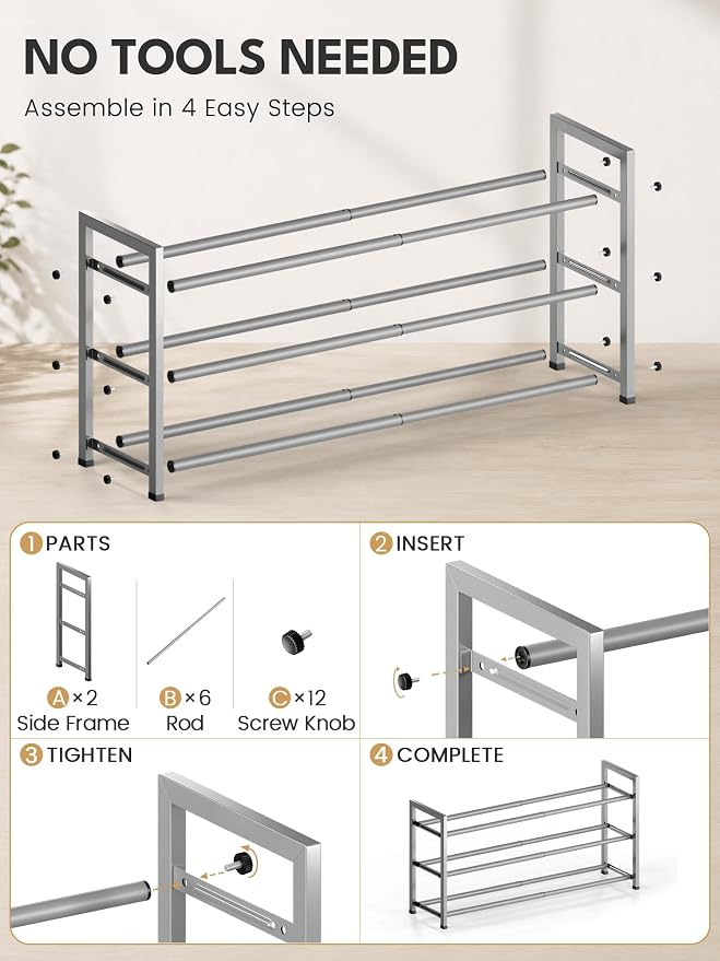 Bumusty 3 Tier Expandable Shoe Rack for Closet, Light Grey | 18"-33" Adjustable Shoe Rack for Entryway, Small Shoe Organizer for Dorm, Front Door, Sturdy Metal - Image 8