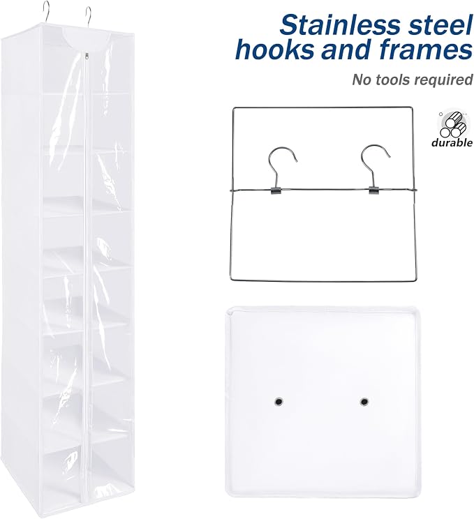 8 Tier Clear PVC Closet Hanging Organizer with Zipper, Foldable Hanging Closet Organizers and Storage, Hanging Clothes Storage Organizer, hanging shoe organizer, White Closet Shelves - Image 6