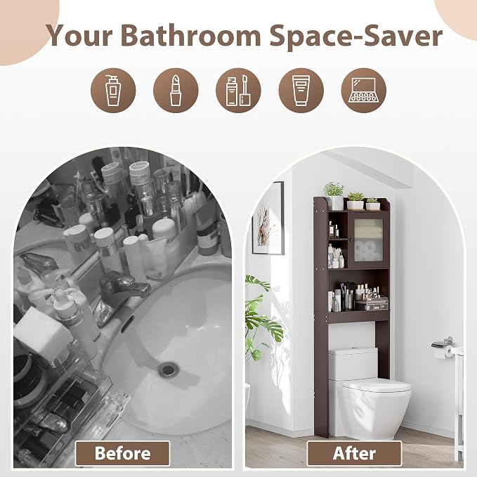 ZenStyle Over The Toilet Cabinet Double Door Wood Bathroom Storage Organizer with Adjustable Shelves, Cubby and Tempered Glass Door (Brown) - Image 6