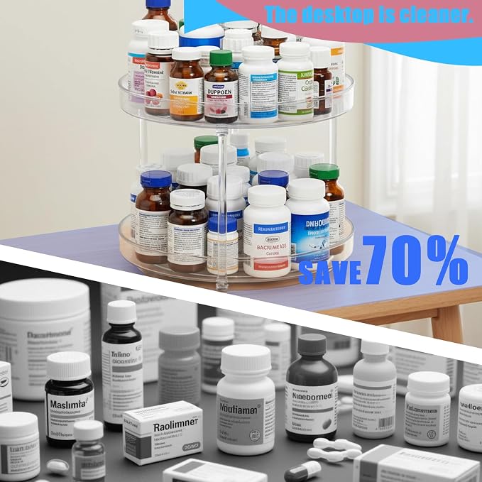Lazy Susan 2-Tier Medicine Cabinet Organizer, Clear Plastic Spinning Spice Organization for Cabinet, Rotatable Makeup Organizer Countertop for Bathroom Vanity, Kitchen Pantry & Small Spaces Storage - Image 3