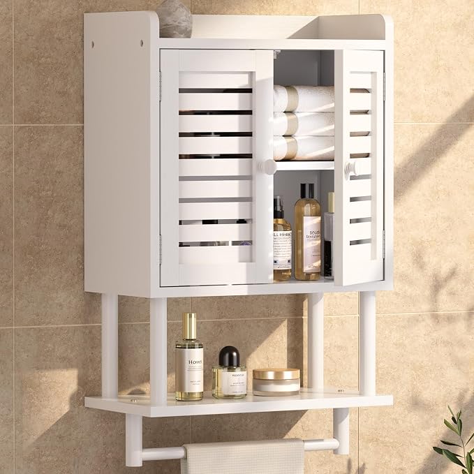 AmazerBath Bathroom Wall Cabinets, Bamboo Medicine Cabinets with Towel Bar, Hanging Over The Toilet Storage Cabinet with Adjustable Shelves, Organizer Cabinet for Small Spaces, 8.3x16.5x26.6 Inches by AmazerBath