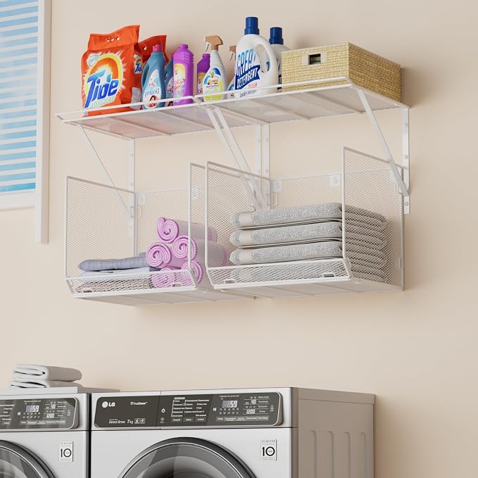 2 Pack Laundry Room Shelves Organization And Storage,Wall Mounted Clothes Drying Rack With Wire Mesh Basket Over Washer And Dryer,Large Capacity Floating Wall Shelf For Bathroom,Kitchen,Storeroom by BigPonPon