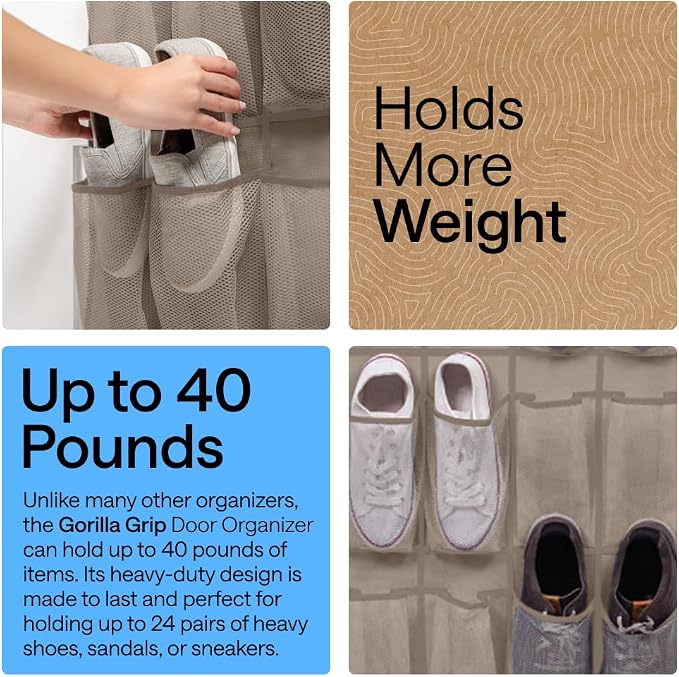 GORILLA GRIP Over the Door Shoe Organizer, 24 Large Pockets, Beige | Breathable Mesh Pocket, Space Saving Hanging Storage Holder, Closet Rack Hanger for Shoes, Pantry and Bathroom Accessories - Image 3