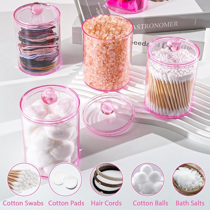 2 Pcs Acrylic Qtip Holder, Cotton Ball Holder Jars with Lids, Pink - Image 4