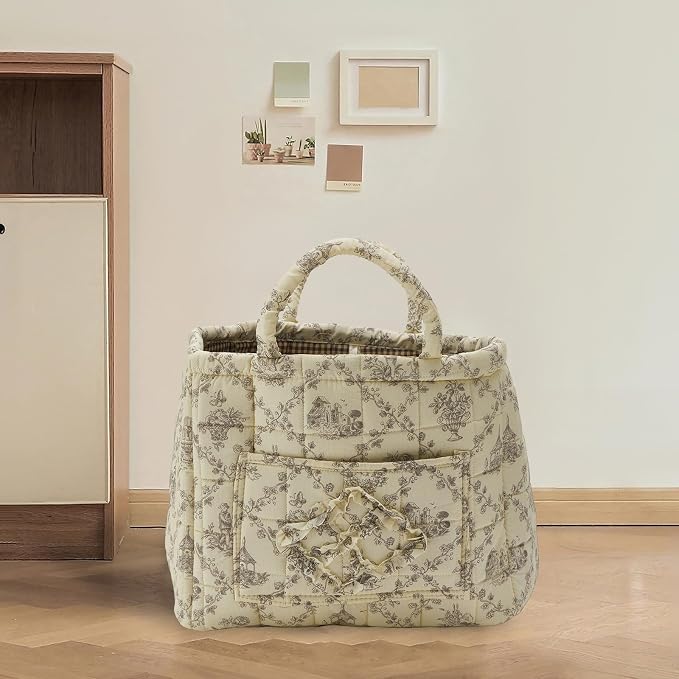 Quilted Fabric Storage Basket with Handles & Pocket, Foldable Laundry Hamper Boho Floral Print Organizer Bin for Home, Picnic, Office 12"x10"x10" (B-1) - Image 6