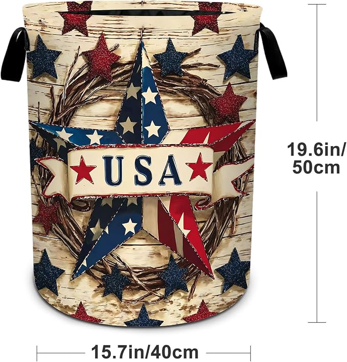 4th of July Wooden Print Star Laundry Basket Foldable Laundry Hamper With Handles Clothes Storage Bucket Organizer Laundry Bag For Bedroom Bathroom Laundry Storage 19.6 x 15.7 - Image 2