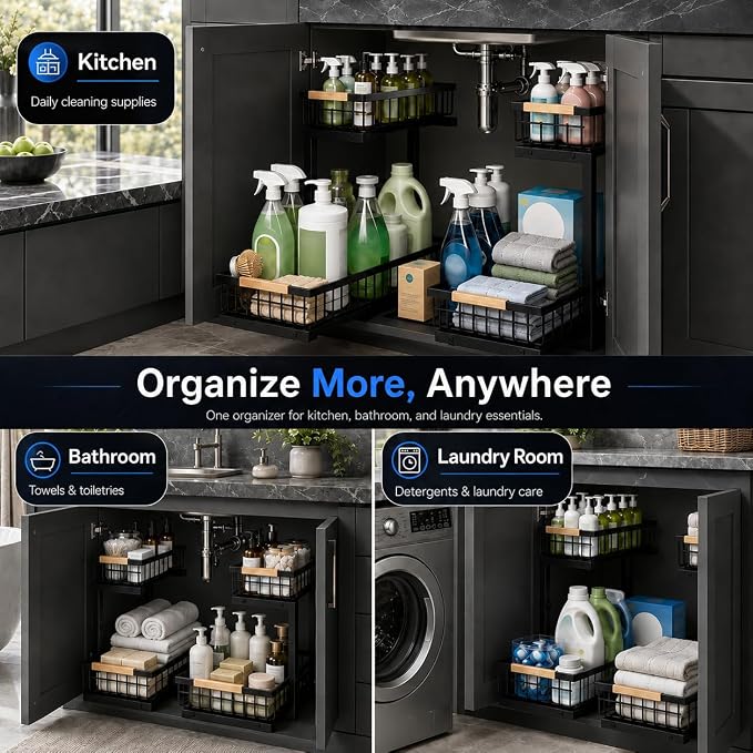 Under Sink Organizer 2 Pack, Double Slide Out Metal Shelf, Black - Image 4