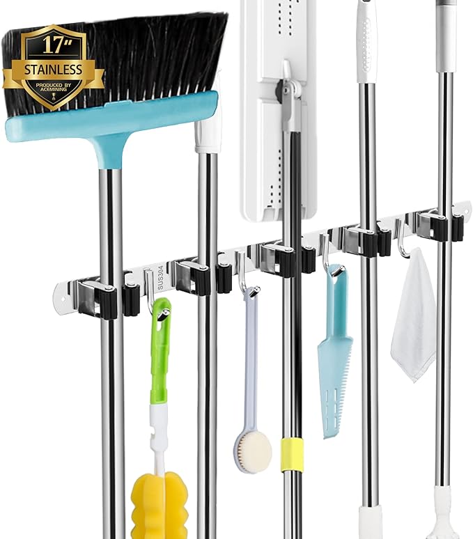 AceMining Broom Holder Wall Mount, 5 Racks 4 Hooks Heavy Duty Mop Organizer by AceMining