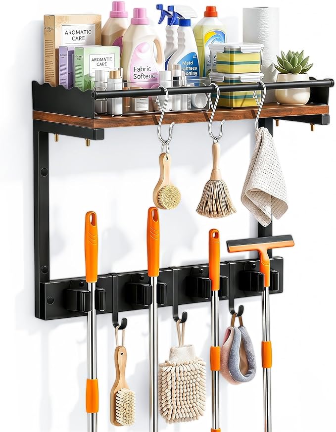 Broom Holder Wall Mount, Broom and Mop Organizer Wall Hanging with Vacuum Stand and & Hooks, Heavy Duty Laundry Organization & Storage, Utility Racks with Wood Shelf & Guard (S) by Unknown