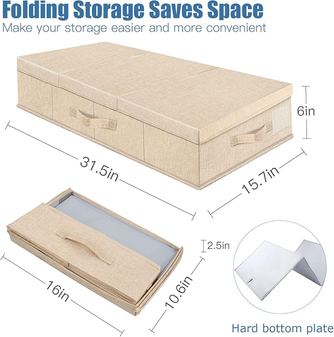 Supowin 2Pack Large Underbed Storage Containers Bin with Lids, Khaki | 6 Inches Tall Under Bed Storage Organizer Box with Handles, Foldable Closet Organizer for Clothes, Blankets, Seasonal Items - Image 2