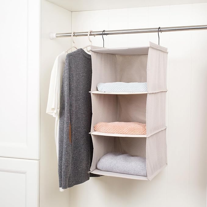 Hanging Closet Organizer 3-Tier, Oxford Wardrobe Storage, Beige Houndstooth | Easy-mount foldable design holds clothes, handbags, shoes & accessories; washable Oxford fabric, sturdy and space-saving. - Image 4