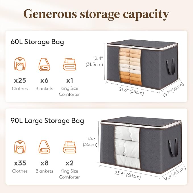 Lifewit 10 Pack 60L Clothes Storage Bins with Lids, Foldable Blanket Storage Bags with Zippers, Clear Window and Reinforced Handles, Closet and Organization for Clothing, Sweater, Comforter, Bedding - Image 2