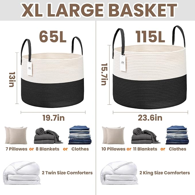 JMvicyroam 115L Extra Large Machine Washable Cotton Rope Blanket Basket - Image 3