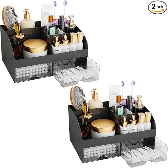 Makeup Organizer with Drawers, Cosmetic Storage for Dresser Vanity and Bathroom Countertop, Beauty Holder for Lipstick Brush, Skincare Organizer for Vanity, Cosmetic Display Case (Black-2Pack) by COMFYROOM