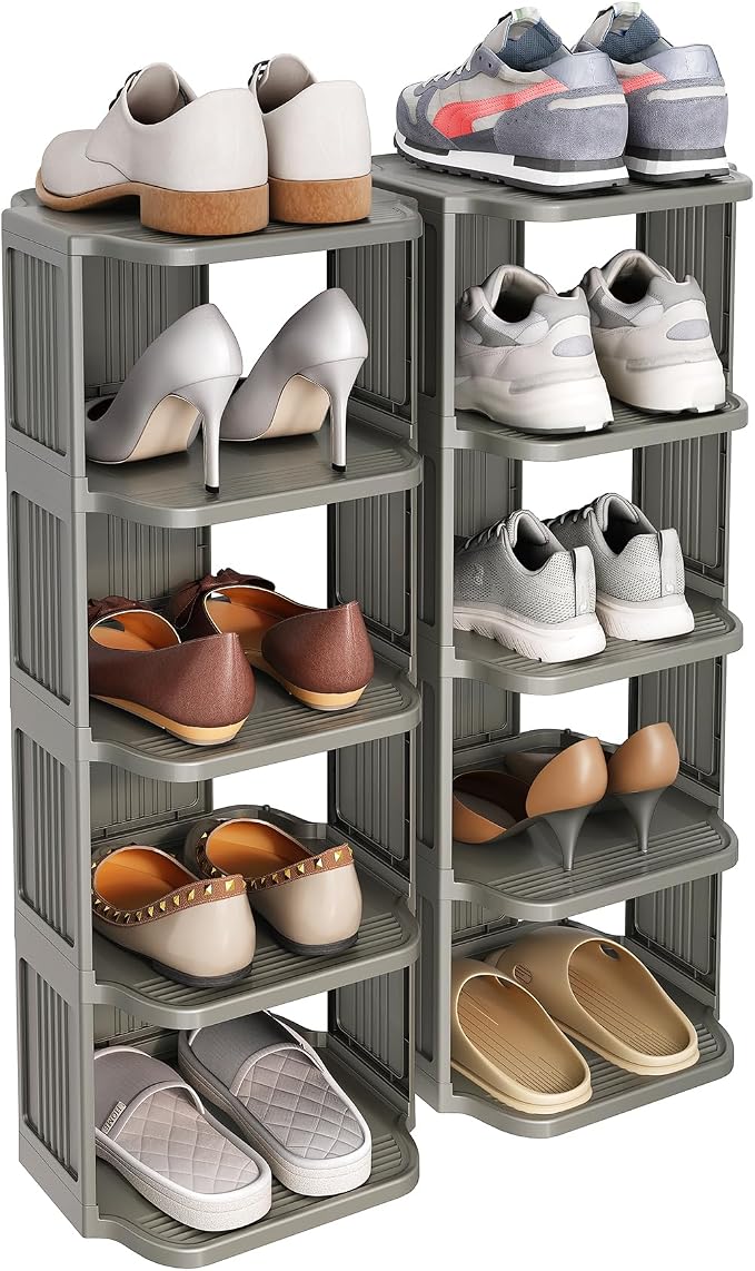 Kitstorack 10-Tier Vertical Plastic Shoe Rack, Freestanding Stackable Shoe Storage Organizer Cubes Shoe Shelf Tower or Small Closets and Tight Spaces, Gray by Kitstorack