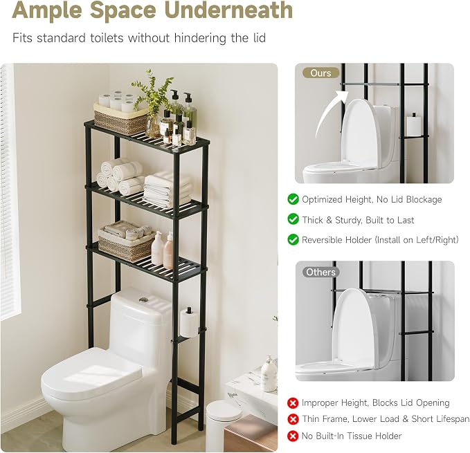 Over The Toilet Storage,3-Tier Bamboo Bathroom Shelf with Paper Holder - Image 4