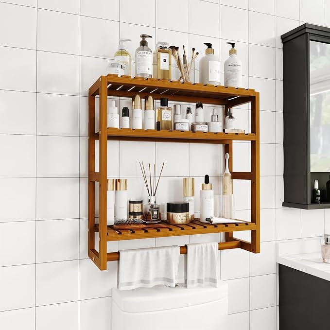 Galood Over The Toilet Storage Bathroom Shelves Wall Mounted 3 Tier Brown-L - Image 4
