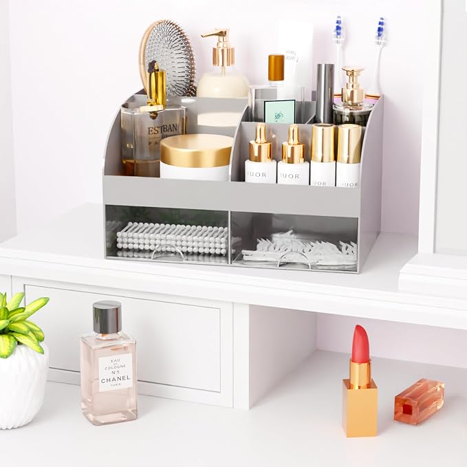Makeup Organizer with Drawers, Cosmetic Storage for Dresser Vanity and Bathroom Countertop, Beauty Holder for Lipstick Brush, Skincare Organizer for Vanity, Cosmetic Display Case (Grey) - Image 6