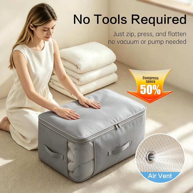 Comforter Storage Bag, Large Capacity Blanket Storage Bags 2-Layer Ultra Space Saving Self Compression Organizer, Heavy Duty Space Saver Organizer for Bedding, Clothes, Blanket, 2-Pack, Gray - Image 3