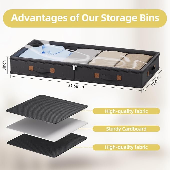 FHSQX Under Bed Storage Container 3 Inches Low Profile Under-bed Organizer Bins Slim Under Couch Storage Box Ideal For Seasonal Clothes Blankets Towel Fabric (1, Black, 31.5 * 17 * 3in) - Image 4