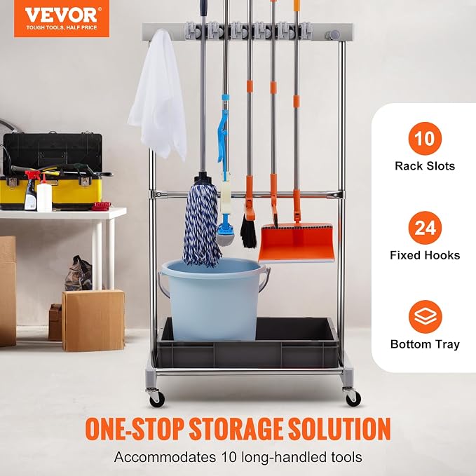VEVOR Garden Tool Organizer, 10 Slots with Hooks, Yard Tool Tower Rack with Wheels for Garage Organization and Storage, Hold Long-Handled Tool/Rake/Broom, Metal Tool Stand Holder for Shed, Outdoor - Image 2