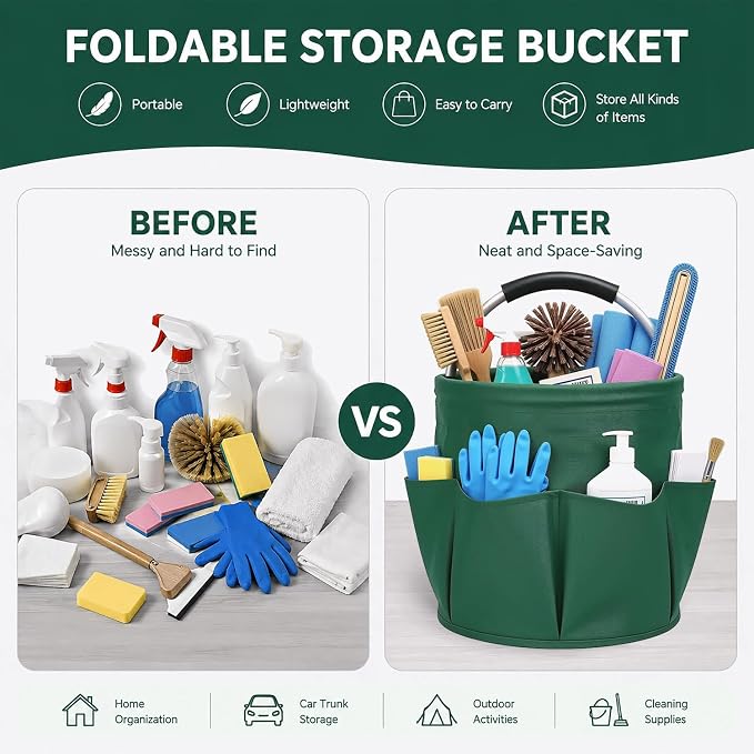 Cleaning Caddy with Handle, 17L Foldable Storage Basket, Heavy Duty 600D Oxford Cloth Organizer, Portable Supply Bag, Multi-Purpose Supplies Caddy for Home, Bathroom, Kitchen, Garden - dark green - Image 3