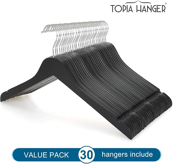 TOPIA HANGER Black Wooden Hangers 30 Pack, 0.28-inch Thick Slim Wood Clothes Hanger with Flat Design and Smooth Notches, Lightweight Space Saving Hangers for Shirt, Coat, Camisole-CT31B - Image 8
