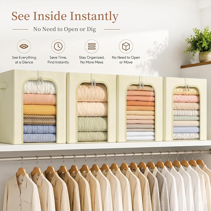 GoMaihe Blanket Storage Bins with Metal Frame for Closet, 55L 6-Pack Beige - Image 5