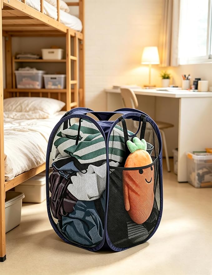 HOUSE AGAIN 2Pack Strong Mesh Pop Up Laundry Hamper, 70L Collapsible Laundry Basket with Steel Frame, Double‑Stitched Handles & Side Pocket, Foldable Dirty Clothes Hamper for Dorm, Bedroom, Blue - Image 8