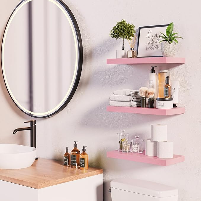 BAYKA Pink Floating Shelves 15.7in, Set of 3, Wall Mounted for Wall Decor - Image 2