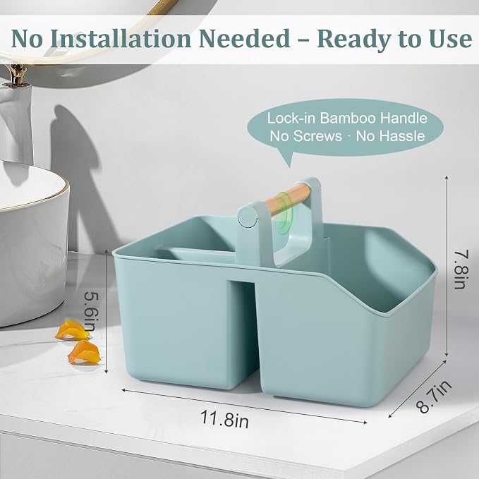 rejomiik Plastic Shower Caddy, Portable Basket with Bamboo Handle, Blue - Image 3