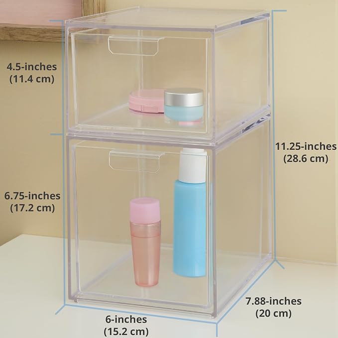 STORi Audrey Stackable Clear Bin Plastic Organizer Drawers | 2 Piece Set | Organize Cosmetics and Beauty Supplies on a Vanity | Made in USA (Pack of 3) - Image 3