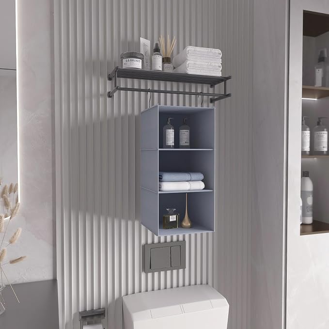 Hanging Closet Organizer 3-Shelf, Oxford Fabric Wardrobe Storage, Gray | Easy-mount foldable design holds clothes, handbags, shoes & accessories; washable Oxford fabric, sturdy and space-saving. - Image 6